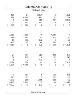 Adding Five Various-Digit Numbers (H) Addition Worksheet