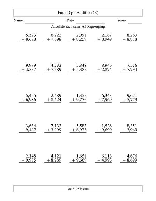 The Four-Digit Addition With All Regrouping – 25 Questions – Comma Separated Thousands (B) Math Worksheet