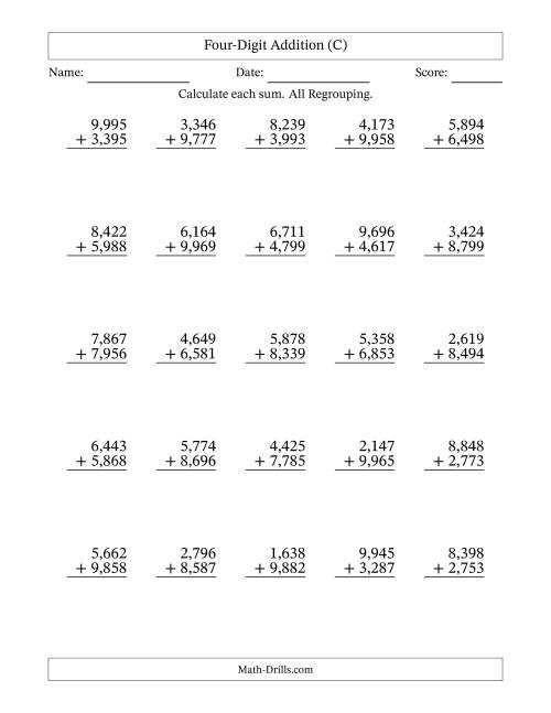 The Four-Digit Addition With All Regrouping – 25 Questions – Comma Separated Thousands (C) Math Worksheet