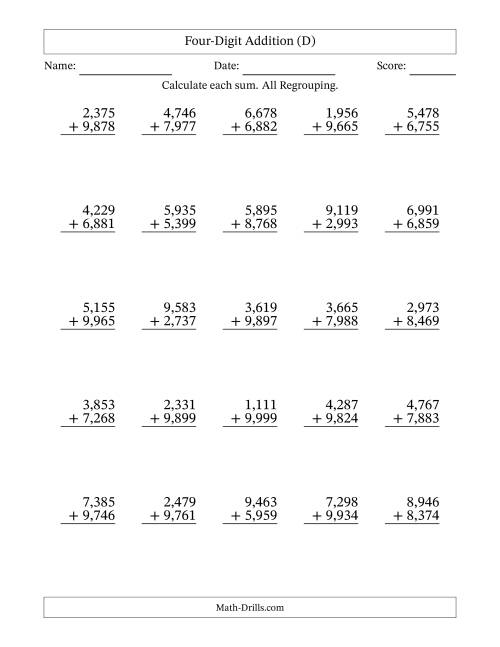 The Four-Digit Addition With All Regrouping – 25 Questions – Comma Separated Thousands (D) Math Worksheet