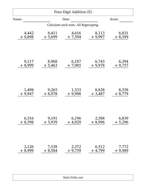 The Four-Digit Addition With All Regrouping – 25 Questions – Comma Separated Thousands (E) Math Worksheet