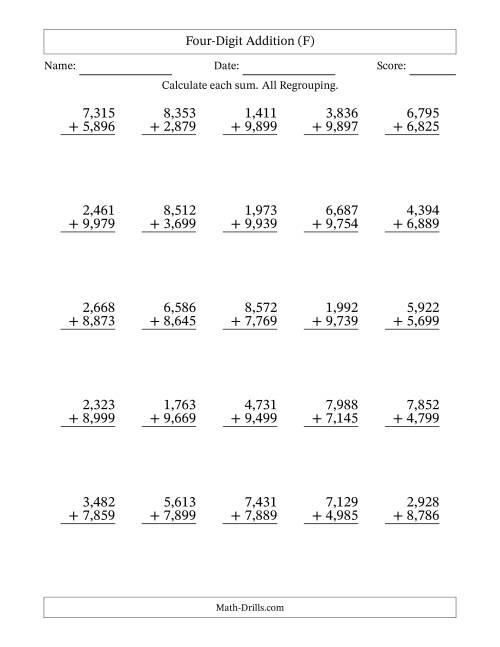 The Four-Digit Addition With All Regrouping – 25 Questions – Comma Separated Thousands (F) Math Worksheet
