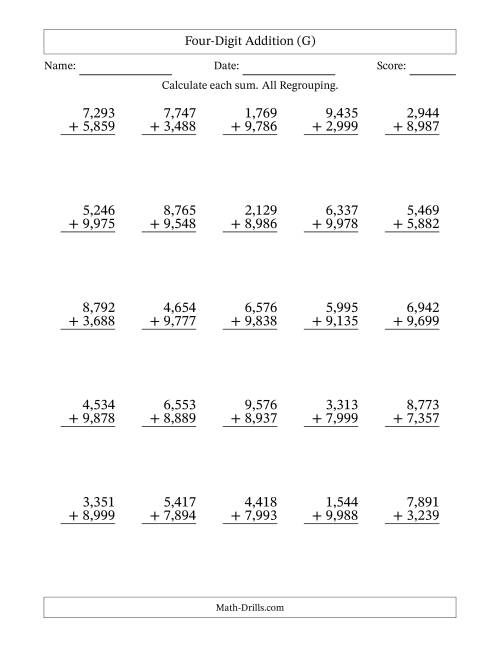 The Four-Digit Addition With All Regrouping – 25 Questions – Comma Separated Thousands (G) Math Worksheet