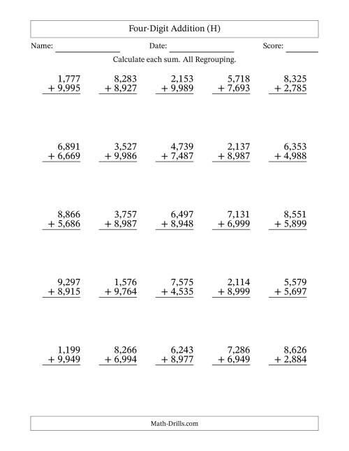 The Four-Digit Addition With All Regrouping – 25 Questions – Comma Separated Thousands (H) Math Worksheet