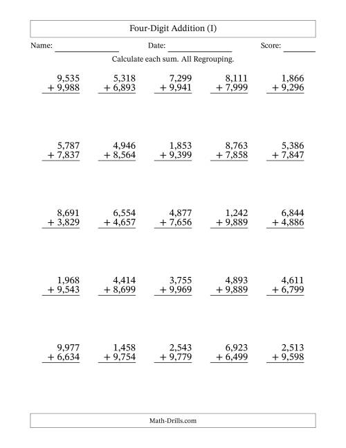 The Four-Digit Addition With All Regrouping – 25 Questions – Comma Separated Thousands (I) Math Worksheet