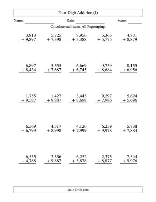 The Four-Digit Addition With All Regrouping – 25 Questions – Comma Separated Thousands (J) Math Worksheet