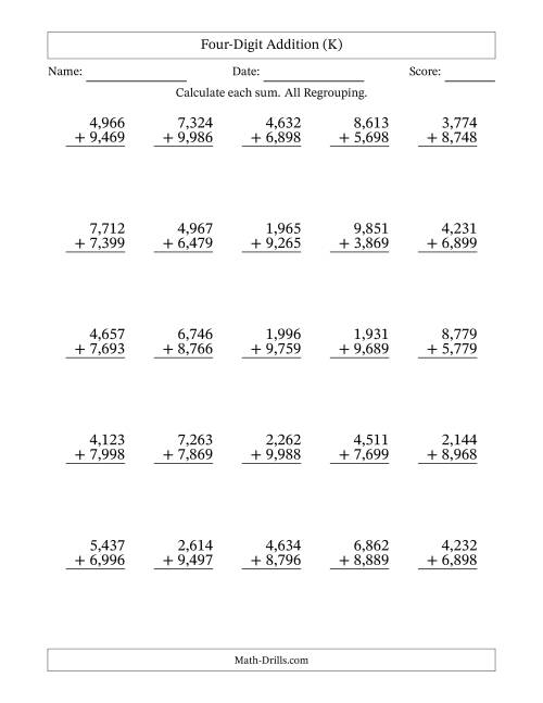 The Four-Digit Addition With All Regrouping – 25 Questions – Comma Separated Thousands (K) Math Worksheet