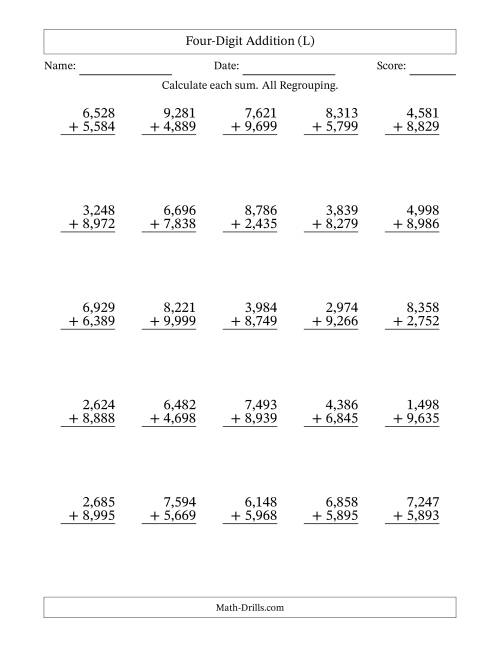 The Four-Digit Addition With All Regrouping – 25 Questions – Comma Separated Thousands (L) Math Worksheet