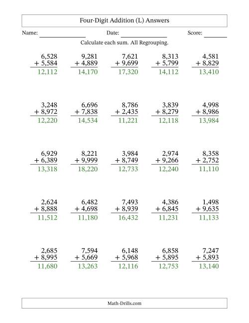 The Four-Digit Addition With All Regrouping – 25 Questions – Comma Separated Thousands (L) Math Worksheet Page 2