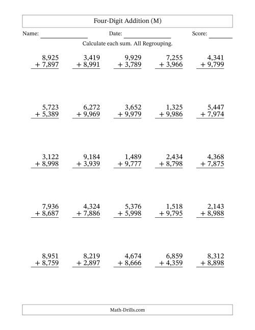 The Four-Digit Addition With All Regrouping – 25 Questions – Comma Separated Thousands (M) Math Worksheet