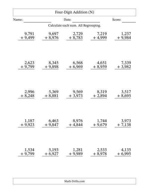 The Four-Digit Addition With All Regrouping – 25 Questions – Comma Separated Thousands (N) Math Worksheet