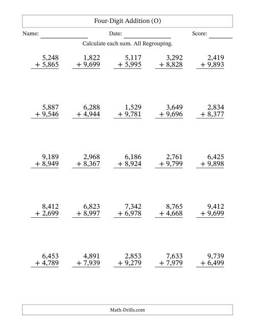 The Four-Digit Addition With All Regrouping – 25 Questions – Comma Separated Thousands (O) Math Worksheet