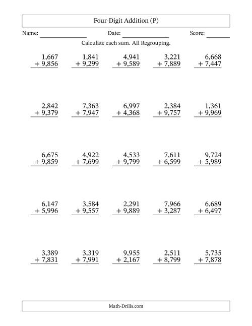 The Four-Digit Addition With All Regrouping – 25 Questions – Comma Separated Thousands (P) Math Worksheet