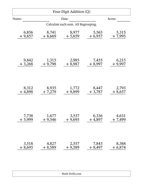 The Four-Digit Addition With All Regrouping – 25 Questions – Comma Separated Thousands (Q) Math Worksheet