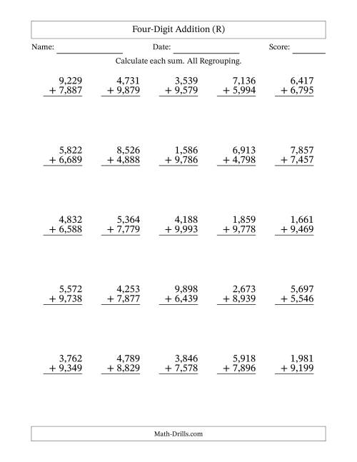 The Four-Digit Addition With All Regrouping – 25 Questions – Comma Separated Thousands (R) Math Worksheet
