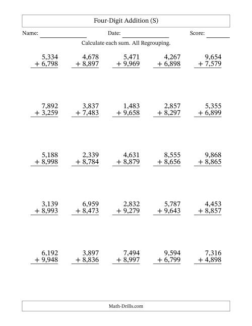 The Four-Digit Addition With All Regrouping – 25 Questions – Comma Separated Thousands (S) Math Worksheet