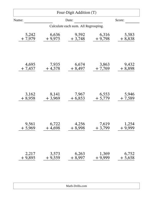 The Four-Digit Addition With All Regrouping – 25 Questions – Comma Separated Thousands (T) Math Worksheet