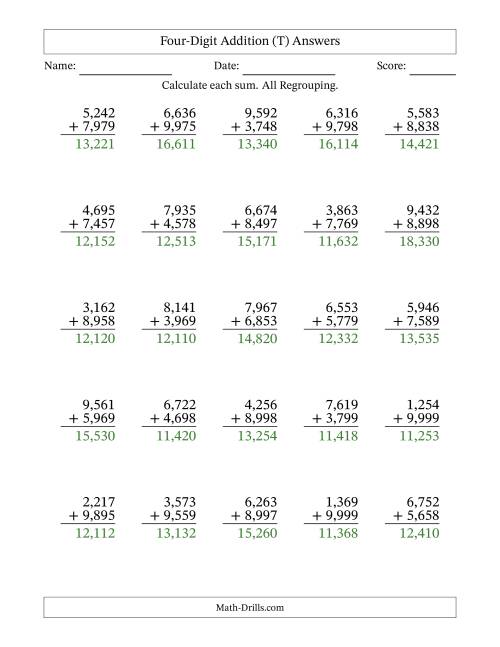 The Four-Digit Addition With All Regrouping – 25 Questions – Comma Separated Thousands (T) Math Worksheet Page 2