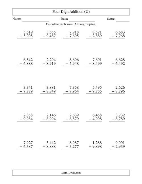 The Four-Digit Addition With All Regrouping – 25 Questions – Comma Separated Thousands (U) Math Worksheet