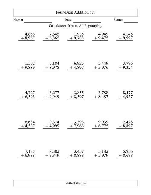 The Four-Digit Addition With All Regrouping – 25 Questions – Comma Separated Thousands (V) Math Worksheet