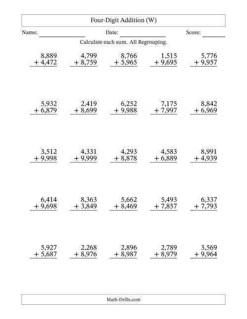The Four-Digit Addition With All Regrouping – 25 Questions – Comma Separated Thousands (W) Math Worksheet