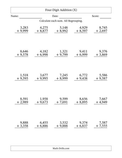 The Four-Digit Addition With All Regrouping – 25 Questions – Comma Separated Thousands (X) Math Worksheet
