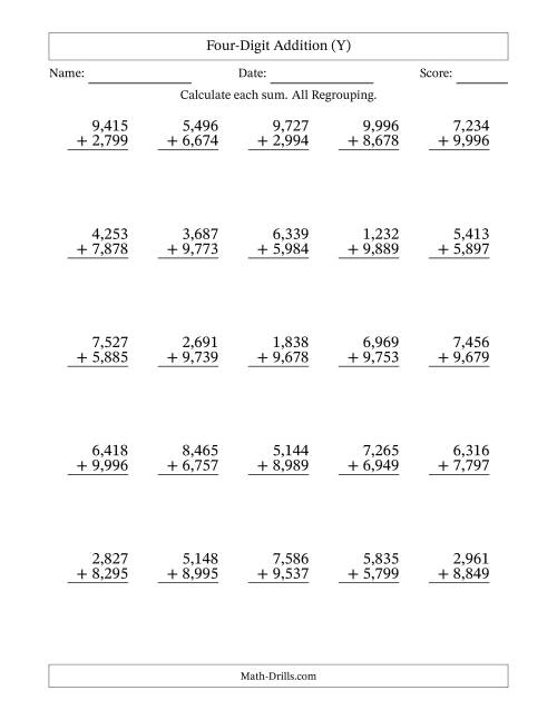 The Four-Digit Addition With All Regrouping – 25 Questions – Comma Separated Thousands (Y) Math Worksheet