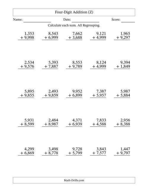 The Four-Digit Addition With All Regrouping – 25 Questions – Comma Separated Thousands (Z) Math Worksheet