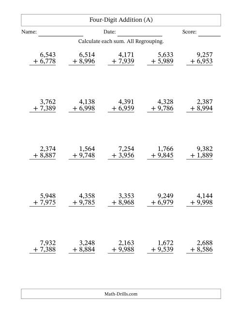 The Four-Digit Addition With All Regrouping – 25 Questions – Comma Separated Thousands (All) Math Worksheet