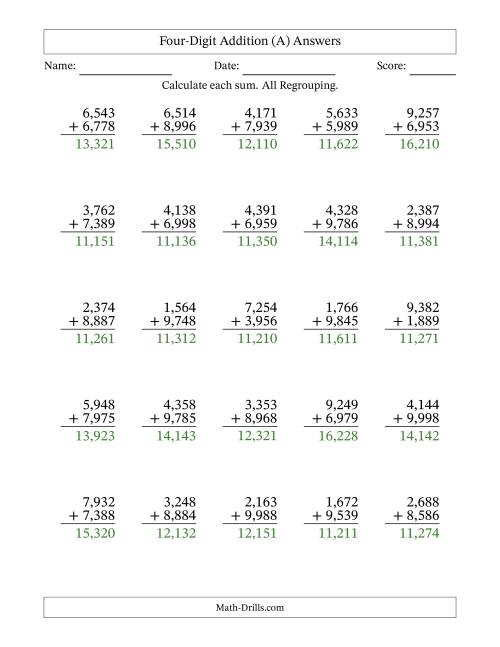 The Four-Digit Addition With All Regrouping – 25 Questions – Comma Separated Thousands (All) Math Worksheet Page 2