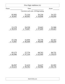 Five-Digit Addition With All Regrouping – 20 Questions – Comma Separated Thousands