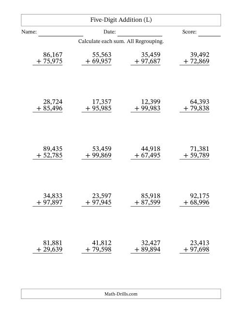 The Five-Digit Addition With All Regrouping – 20 Questions – Comma Separated Thousands (L) Math Worksheet