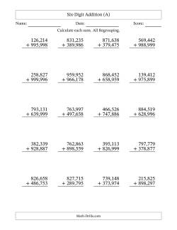 Six-Digit Addition With All Regrouping – 20 Questions – Comma Separated Thousands