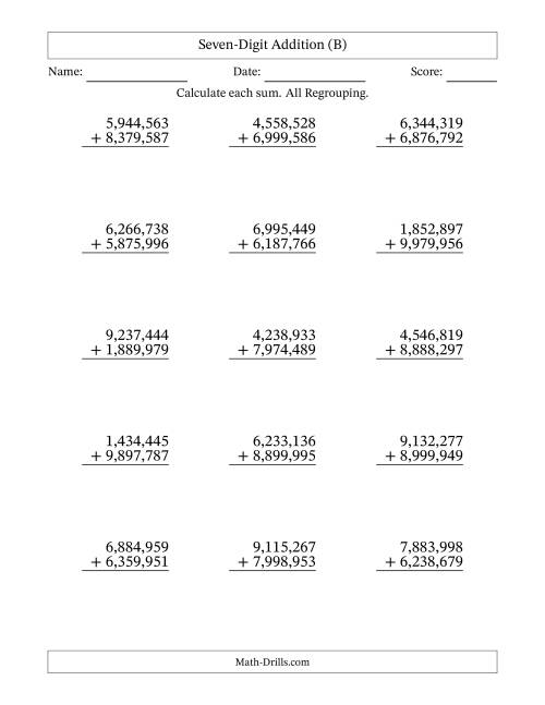 The Seven-Digit Addition With All Regrouping – 15 Questions – Comma Separated Thousands (B) Math Worksheet