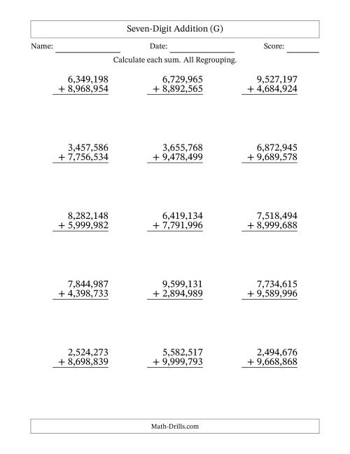 The Seven-Digit Addition With All Regrouping – 15 Questions – Comma Separated Thousands (G) Math Worksheet
