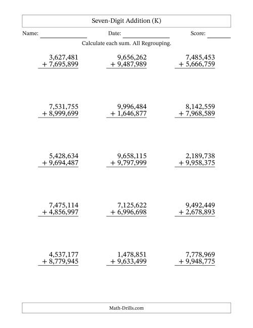 The Seven-Digit Addition With All Regrouping – 15 Questions – Comma Separated Thousands (K) Math Worksheet