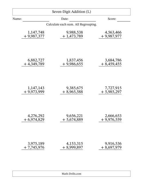 The Seven-Digit Addition With All Regrouping – 15 Questions – Comma Separated Thousands (L) Math Worksheet