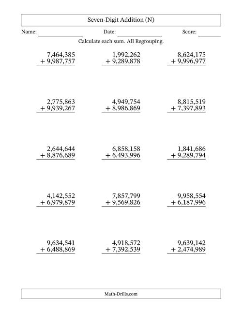 The Seven-Digit Addition With All Regrouping – 15 Questions – Comma Separated Thousands (N) Math Worksheet