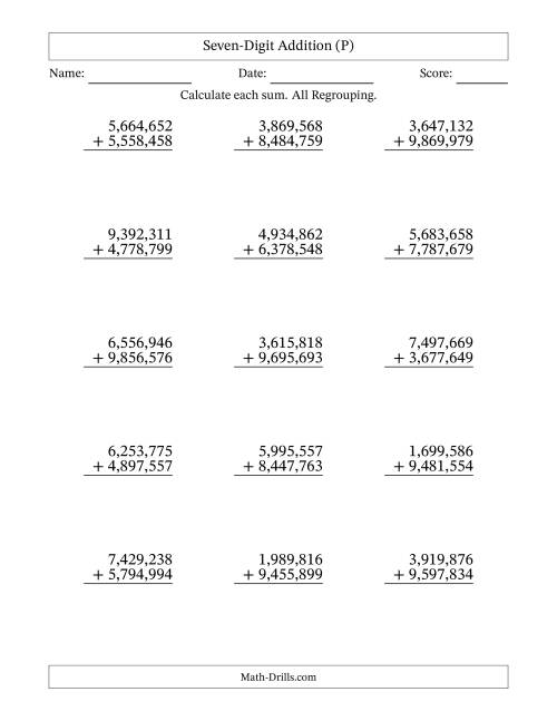 The Seven-Digit Addition With All Regrouping – 15 Questions – Comma Separated Thousands (P) Math Worksheet