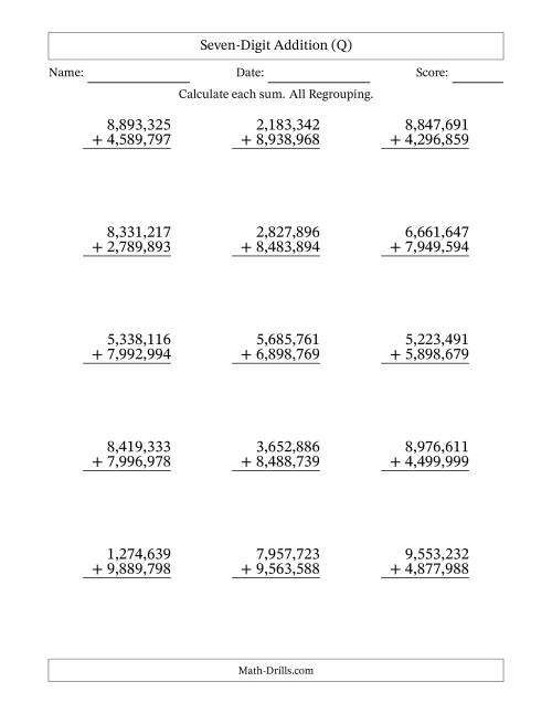 The Seven-Digit Addition With All Regrouping – 15 Questions – Comma Separated Thousands (Q) Math Worksheet