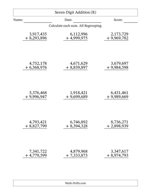 The Seven-Digit Addition With All Regrouping – 15 Questions – Comma Separated Thousands (R) Math Worksheet