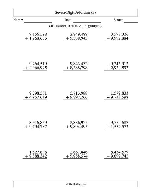 The Seven-Digit Addition With All Regrouping – 15 Questions – Comma Separated Thousands (S) Math Worksheet