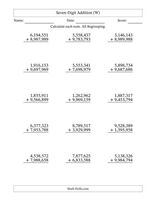 The Seven-Digit Addition With All Regrouping – 15 Questions – Comma Separated Thousands (W) Math Worksheet