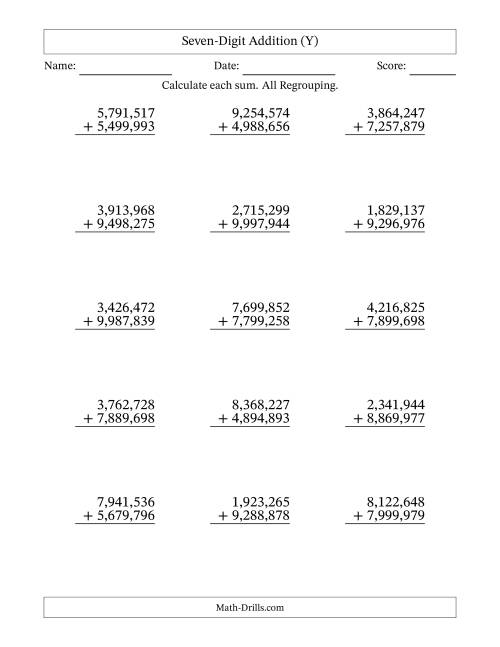 The Seven-Digit Addition With All Regrouping – 15 Questions – Comma Separated Thousands (Y) Math Worksheet
