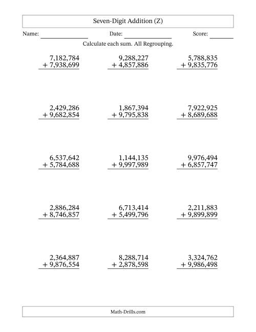 The Seven-Digit Addition With All Regrouping – 15 Questions – Comma Separated Thousands (Z) Math Worksheet
