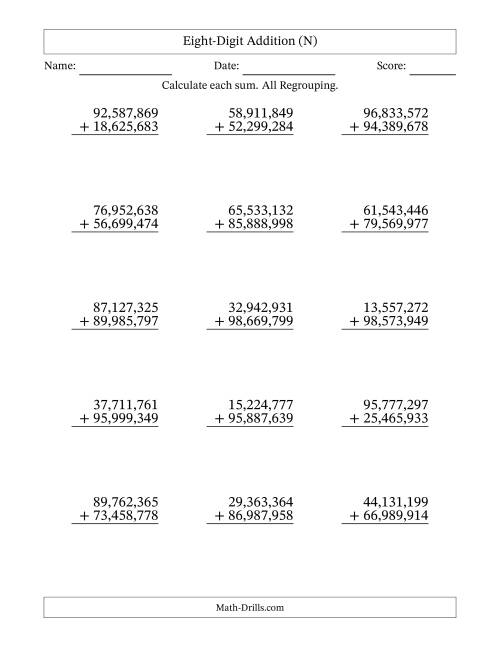 The Eight-Digit Addition With All Regrouping – 15 Questions – Comma Separated Thousands (N) Math Worksheet