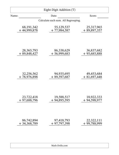 The Eight-Digit Addition With All Regrouping – 15 Questions – Comma Separated Thousands (T) Math Worksheet