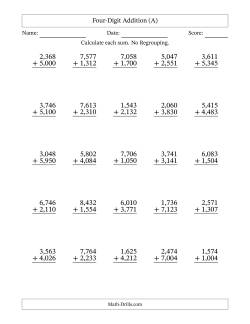 Four-Digit Addition With No Regrouping – 25 Questions – Comma Separated Thousands