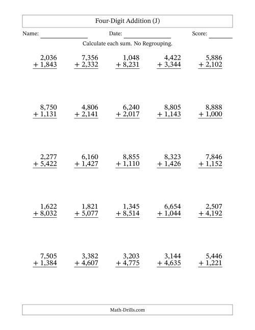 The Four-Digit Addition With No Regrouping – 25 Questions – Comma Separated Thousands (J) Math Worksheet