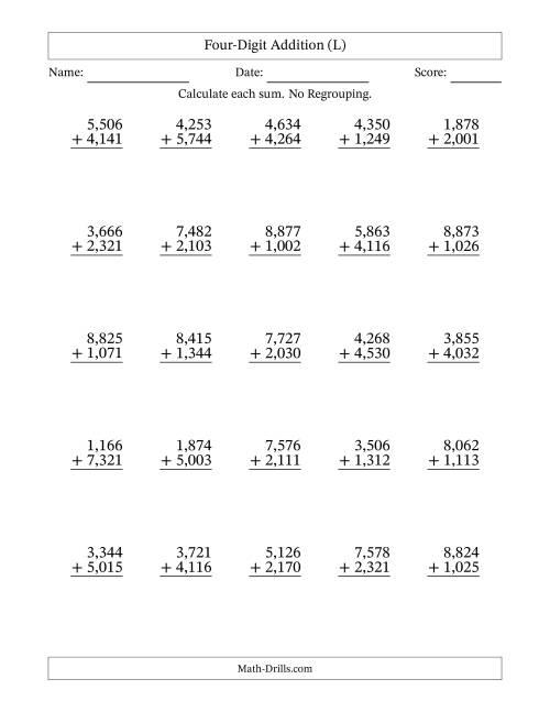 The Four-Digit Addition With No Regrouping – 25 Questions – Comma Separated Thousands (L) Math Worksheet